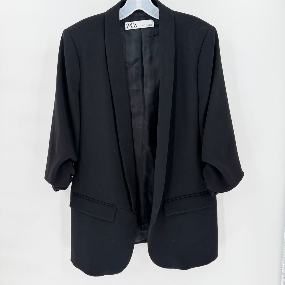 ZARA Black Open Front Ruched Sleeve Blazer Jacket Shawl Collar Extra Large